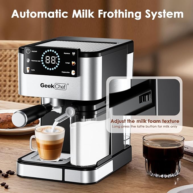 Geek Chef Espresso Machine, 20 Bar Espresso and Cappuccino Coffee Maker, Quick Heating Automatic, Latte & Cappuccino Creator, for Home, for Gift to Family, Friends, Coffee Shops