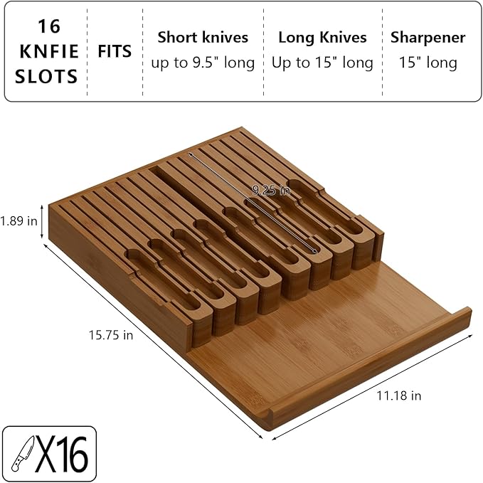 Domax Bamboo In-drawer Knife Block - Knife Drawer Organizer Insert Large Handle Steak Knife Holder, Kitchen Drawer Knife Organizer Fits for 16 knives and 1 Sharpening Steel (Not Included), Walnut