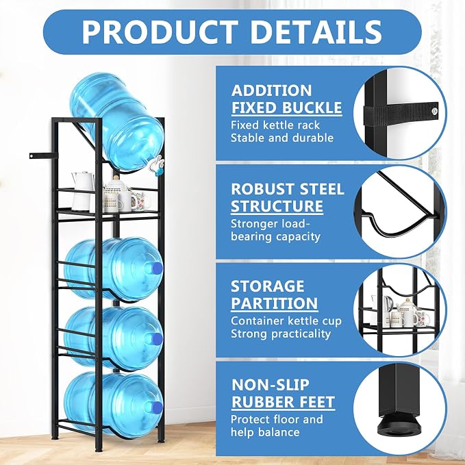 Eocnrhe 2-In-1 5 Gallon Water Jug Holder, 5 Tier Water Jug Stand Holder with 1 Dispenser Valves, 5 Gal Water Bottle Storage Rack Organizer for Kitchen, Office, Garage