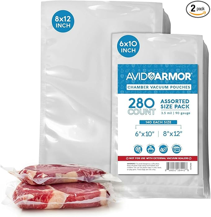 Avid Armor Chamber Vacuum Sealer Bags – 6x10" & 8x12" – 280 Pack – Heavy Duty Commercial Grade, BPA-Free Pouches for Sous Vide, Food Preservation, Meat Storage, Freezing, and Long-Term Storage