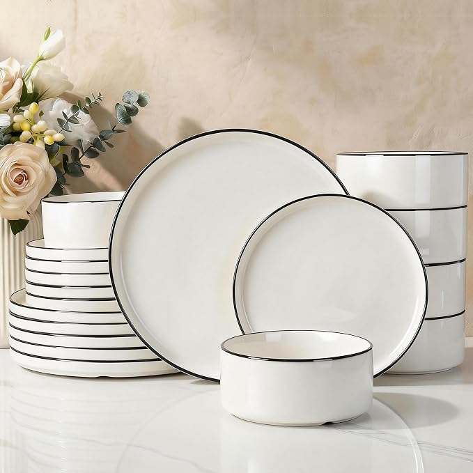 Famiware Porcelain Dinnerware Set, 18-Piece Modern Plate and Bowl Set, dish set for 6, Microwave and Dishwasher Safe Tableware, White with Black Trim