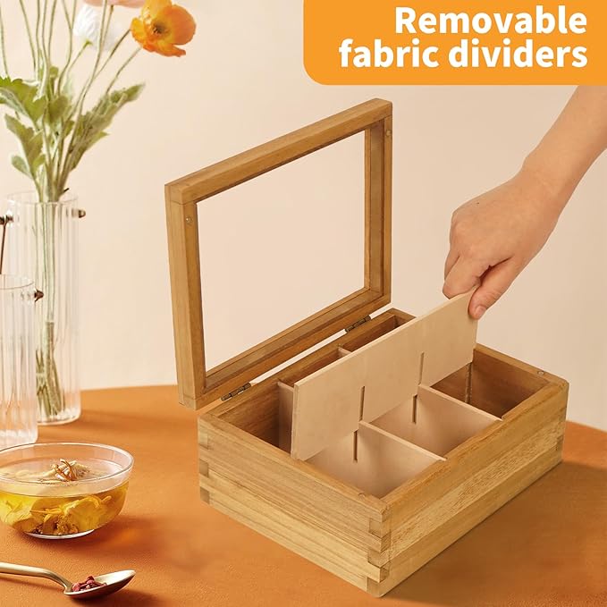 Wood Tea Bag Organizer, 6 Compartment Multi-Functional Tea Box and Storage Organizer for Tea Bags, Tea Container for Tea Lovers
