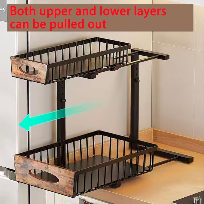 Adjustable Under Sink Organizer, 2-Tier Pull Out Cabinet Storage Drawer, Heavy Duty Sliding Shelf with Wooden Handle, Space Saving Organizer for Kitchen Bathroom Laundry Closet（1 Pack）