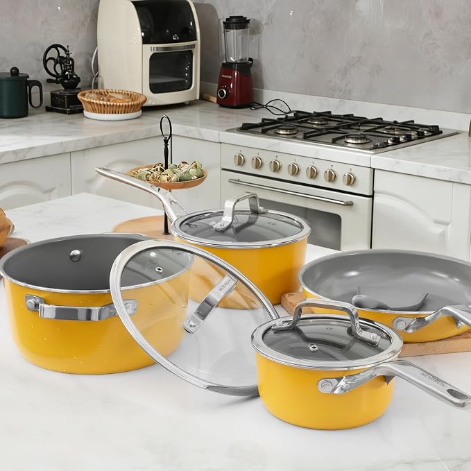 7-Piece Yellow Ceramic Nonstick Cookware Set, Pots and Pans | 4 pots, 3 clear lids; stay-cool grips; 100% PFAS-free; 480°F oven & dishwasher safe; heavy daily family cooking routines