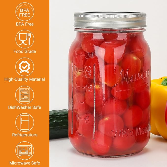 CycleMore Wide Mouth Mason Jars 32 oz, 12 Pack Large Glass Mason Jar with Metal Airtight Lids and Bands, 1 Quart Canning Jars for Pickling, Fermenting, Food Storage & DIY Projects