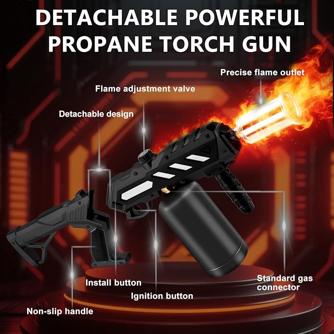 Powerful Propane Torch with Detachable Design, Adjustable Flame Kitchen Blow Torch, Flamethrower Gun Torch Burner for BBQ, Searing Steak, Welding, Camping Charcoal Lighter (Tank Not Included)