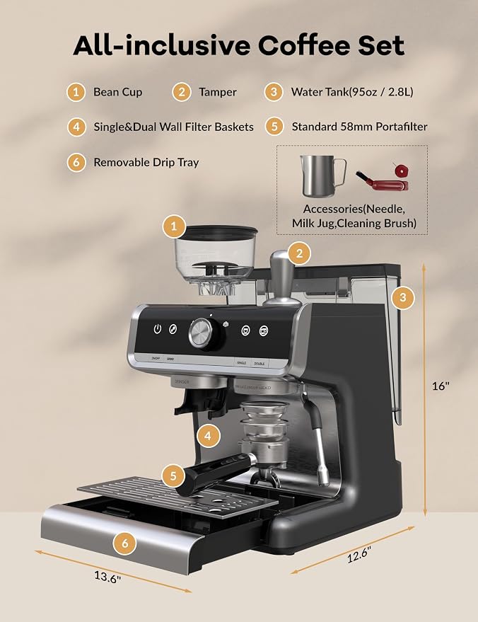 GarveeHome Espresso Machine With Grinder, 20 Bar Semi-Automatic Espresso Coffee Maker With Milk Frother Steamer Wand Cappuccino Latte Macchiato, 95 oz Water Tank, PID Temperature Control, Dark Gray