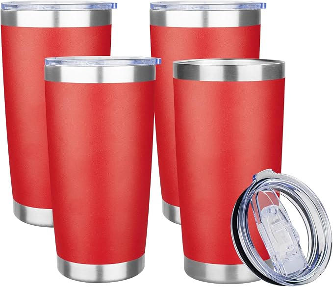 20oz Tumbler with Lid Stainless Steel Insulated Tumblers Travel Coffee Tumbler Bulk Double Wall Vacuum Insulated Water Cup Gifts for Christmas Women Men Her Him Home Office(Red, 4pack)