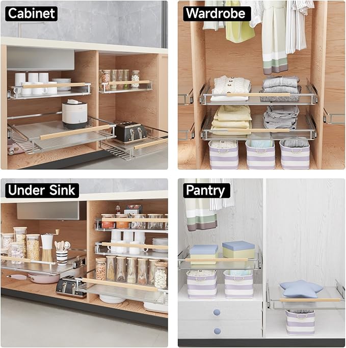 2Pack Expandable Pull Out Cabinet Organizer, Slide Out Drawers for Kitchen Cabinets, Heavy Duty Drawer Slides for Home Kitchen Pantry Cupboard Pots Pans, Adjustable Width 17.1"~28.1" W x 22.5''D