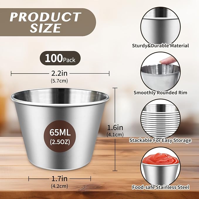 100 Pcs 2.5oz Metal Ramekins Stainless Steel Condiment Cups Reusable Dipping Sauce Cups Bulk Small Sauce Container Stackable Round Dipping Bowls for Dish Butter Kitchen Restaurant Commercial Serving Party Dinner Cooking