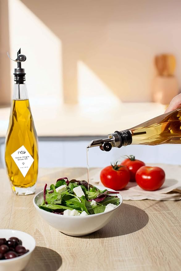 FYGO Diamond Lux Olive Oil Bottle Dispenser - Olive Oil Container- Oil and Vinegar Dispenser Set with Pourer and Funnel - Glass Dispenser Bottle for Kitchen - 500ml - Set of 2