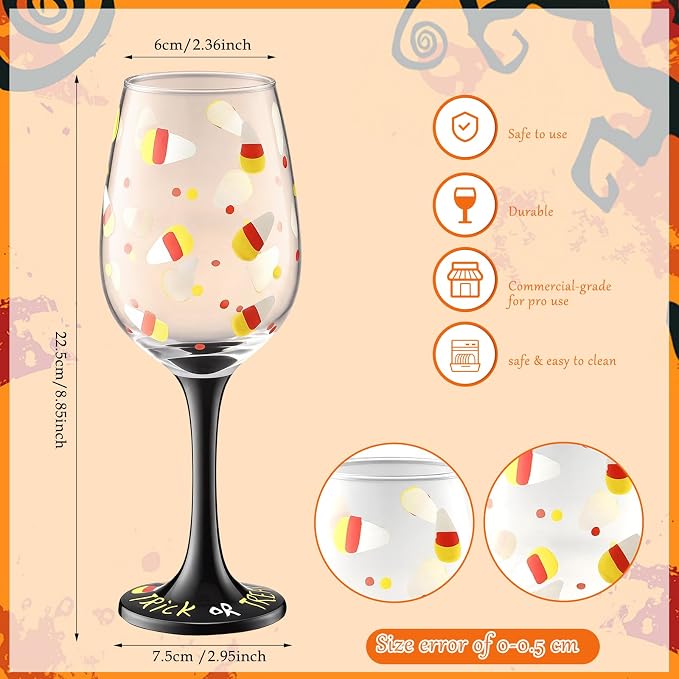 SiliFine 2 Pcs Halloween Candy Corn Theme Party Stemmed Wine Glasses Hand Painted Drinking Cup Wine Glasses Gifts for Halloween Birthday Theme Holiday Party Supplies