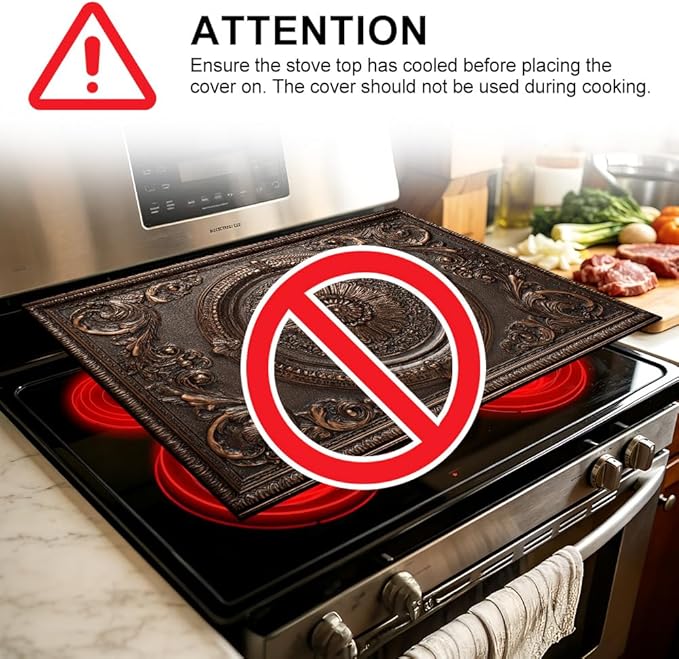 Stove Top Cover for Electric Stove 28.4 x 20.5 Inch Non Slip Stove Mat Oil Proof Bronze Medallion Glass Cooktop Protector Kitchen Mat