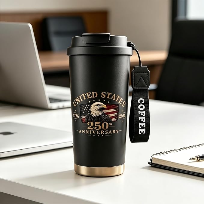 250th Anniversary Coffee Mug, 18 oz Stainless Steel Insulated Tumbler, Vintage Patriotic Design 1776-2026, Fathers Day Birthday Gift Dad From, Military Veteran Retirement Commemorative Gift, Black