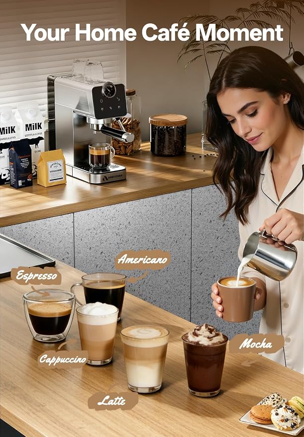 Arecovas Espresso Machine with Milk Frother, 20 Bar Compact Coffee Machine with Touch Screen & 41oz Water Tank for Home Use, Stainless Steel Espresso Coffee Maker for Americano, Cappuccino, Latte