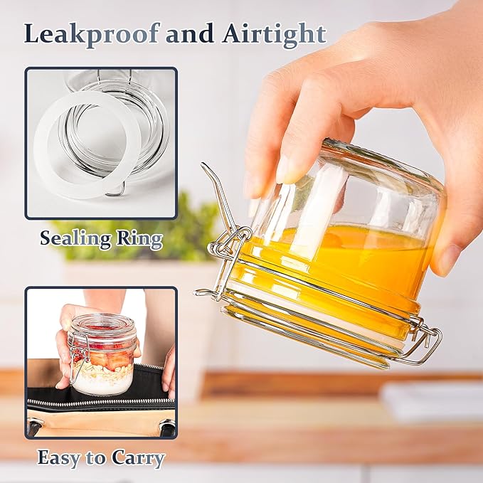 Folinstall 7 oz Glass Jars with Airtight Lids 12 Pcs, Small Mason Jars with Hinged Lids for Kitchen Storage, Canning and Pantry, Includes 3 Replacement Silicone Gaskets and Chalkboard Labels