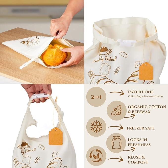 2 Pack Beeswax Bread Bags for Sourdough - Reusable Washable Cotton with Removable Wax Liner, Proofing Cover & DIY Writable Labels, Plastic Free Eco-Friendly Camping Ready (17x13 Inch)