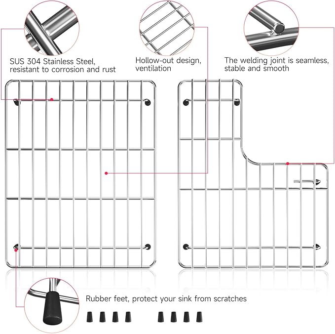 14.5" x 23.2" Stainless Steel Sink Protectors for Kitchen Sink for Kohler Whitehaven K-6486 &K-6487, Includes Left and Right Racks, Sink Grid for Bottom of Kitchen Sink with Rubber Feet