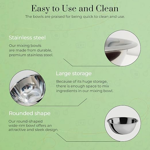 OCS Parts 4-Pack 8 Quart Mixing Bowls | 13.25-Inch Stainless Steel Bowls | Professional Grade Flat Base Mixing Bowls for Home and Commercial Kitchens