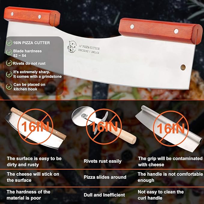 AILUROPODA Pizza Cutter Rocker with Knife Sharpener & Protective Cover 16" Large Pizza Rocker Cutter Sharp Pizza Slicer 30Cr13 Stainless Steel Pizza Knife (Silver)