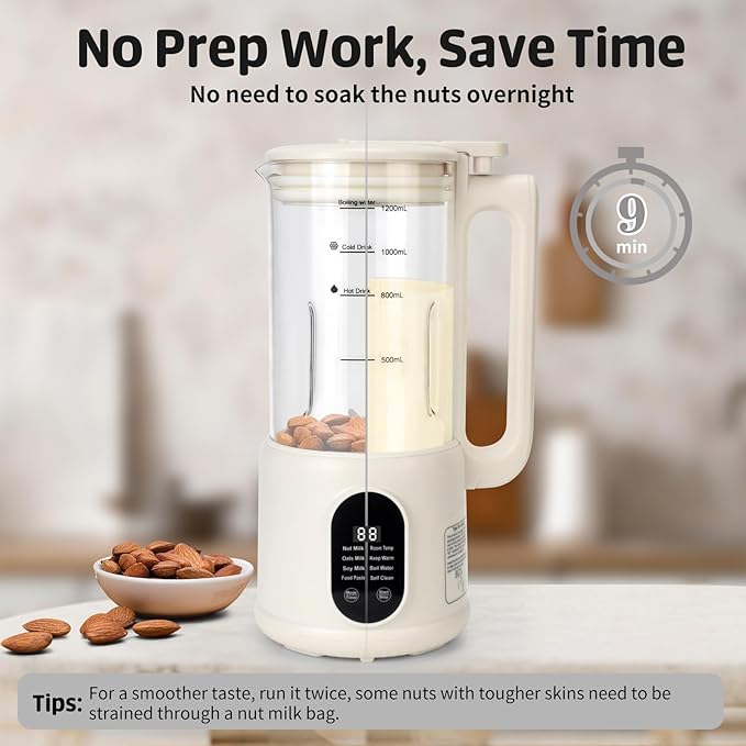 8 in1 Automatic Nut Milk Maker, 40oz Soybean Milk Machine for Homemade Almond, Oat, Soy, Coconut, Plant-Based Milk and Non Dairy Beverages, 12 Hours Timer/Auto-clean/Room Temp/Keep Warm/Boil/Low-Noise