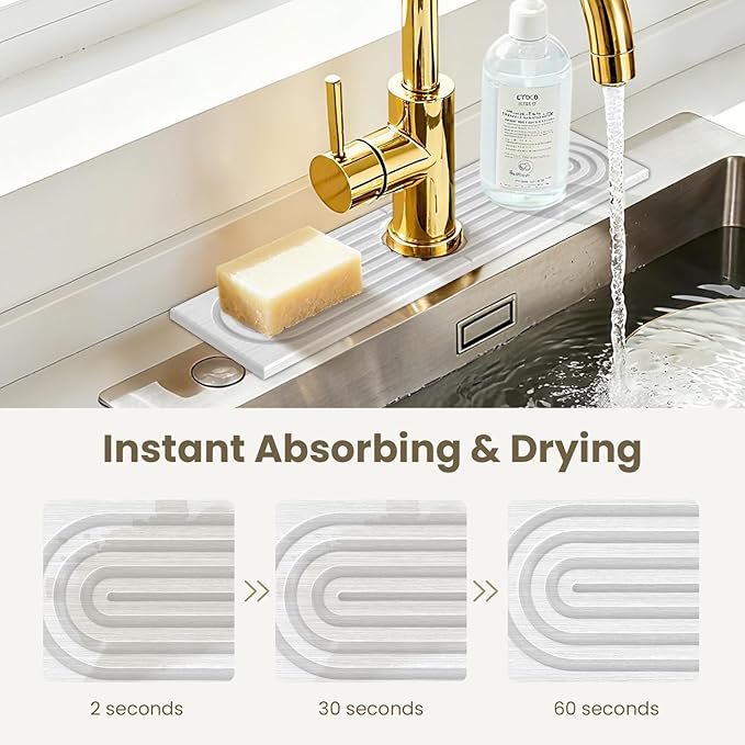 Premium Diatomite Stone Drying Mat for Kitchen Counter - Faucet Mat for Kitchen Sink, Sink Protector & Splash Guard, Quick-Dry Kitchen Sink Mat,Super Absorbent (White, 15.8"x4")