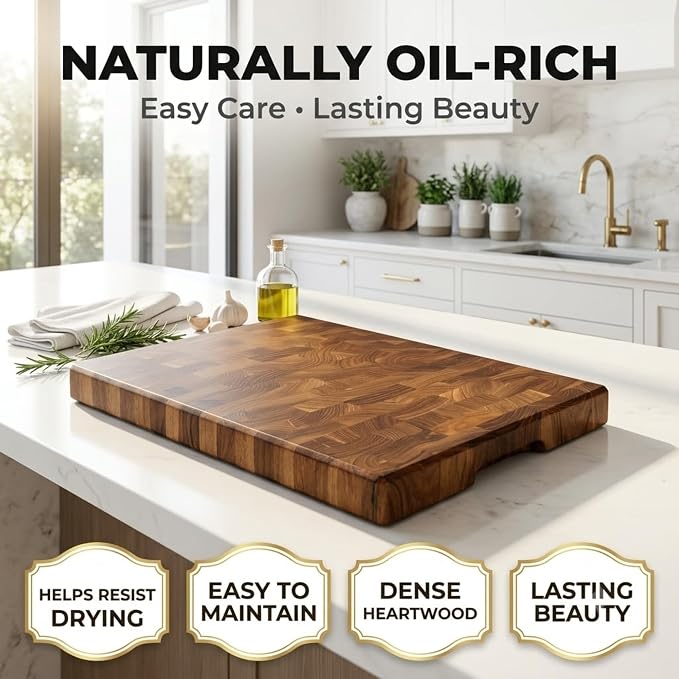 SHUMARU XL End Grain Old East Java Teak Cutting Board 20.5 x 14.2 x 2", Premium Thick Butcher Block, Knife-Friendly Chopping Block, No Juice Groove, Non-Slip Feet, Side Handles