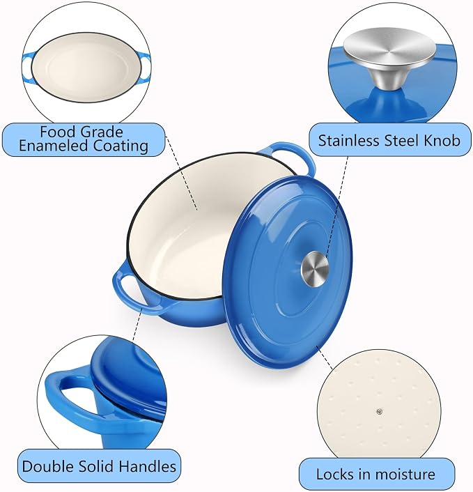 TeamFar Oval Dutch Oven, 5qt Enameled Cast Iron Dutch Oven Pot with Lid, For Bread Baking/Stewing/Braising/Frying, Suitable for Various Stoves, Dual Handles & Easy Cleanup, Blue