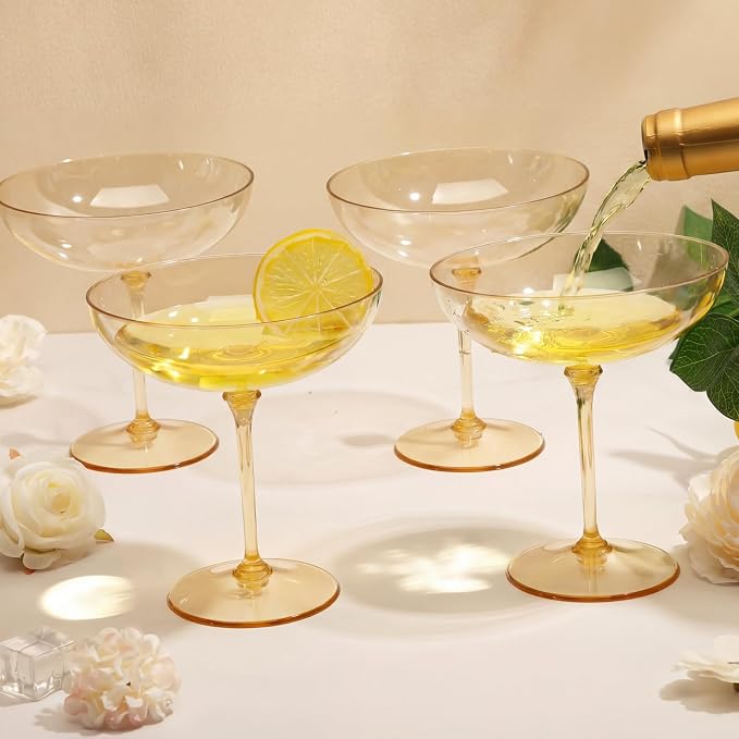 LemonRoad 12 Pcs Plastic Coupe Glasses 9 oz Disposable Martini Glasses for Cocktails, Champagne, Desserts and Espresso, Drinkware Set for Weddings, Birthday Parties, Home Bars (Gold)