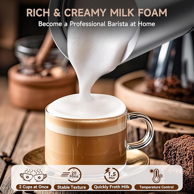 4-in-1 Milk Frother for Coffee, Automatic Warm and Cold Foam Frother, One-Touch Milk Steamer and Frother for Coffee, Latte, Cappuccino, Macchiato, Hot Chocolate, Matcha, Easy to Clean