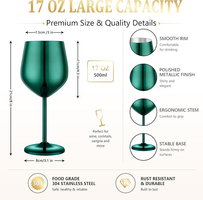 UNISWEET Stainless Steel Wine Glasses Set of 4 Unbreakable Wine Glass 18 oz Unique Metal Wine Goblets for Outdoor, Travel, Camping, Pool, Ideal Gift for Wine Lovers (Green)