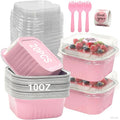 20 Pack 10oz Pink Mini Cake Pans With Lids, Aluminum Foil Square Brownie Baking Cups,Disposable 4”x4” Large Cupcake Pan,Jumbo Muffin Tin Ramekins Holders