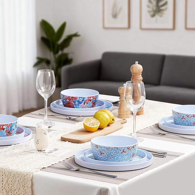 12 Pcs Melamine Dinnerware Set for 4, Floral Plates and Bowls Set | Dishwasher Safe&Lightweight Unbreakable Dish Set For Indoor Outdoor RV Camping Picnic,Service for 4