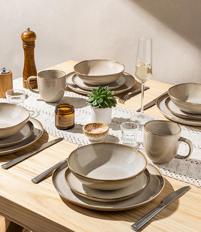 GBHOME Stoneware Dinnerware Sets for 8, 24 Pieces Rustic Earthenware Plates and Bowls Set, Handmade Reactive Glaze Ceramic Plate Sets, Chip Resistant Dishes, Microwave & Dishwasher Safe, Oatmeal Linen