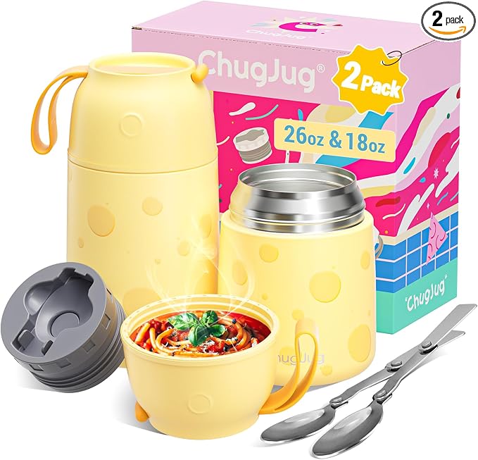2 Pack Insulated Food Jar Set, 26oz & 18oz Stainless Steel Vacuum Insulated Soup Containers for Hot Food, Leak-Proof Thermal Food Jars with Spoons, Cute Stylish Design for School, Work & Travel