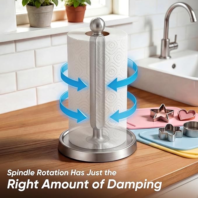 theaoo Paper Towel Holder Countertop, One-Handed Tear Paper Towel Stand Dispenser with Damping Function for Kitchen Bathroom, Stainless Steel Paper Towel Holder with Weighted Non-slip Base (1, Silver)