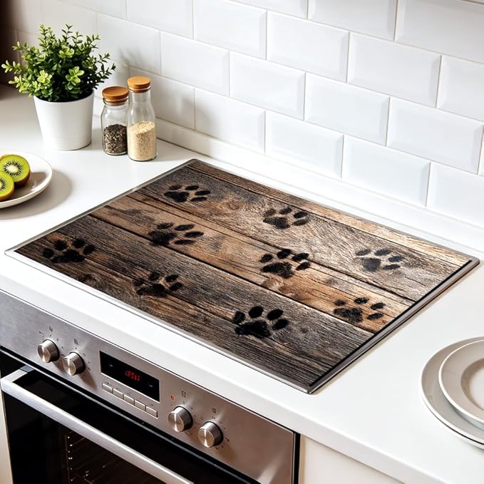 Stove Top Cover for Electric Stove 28.35 x 20.47 Inch Non Slip Stove Mat Rustic Paw Print Glass Cooktop Protector Kitchen Counter Mat