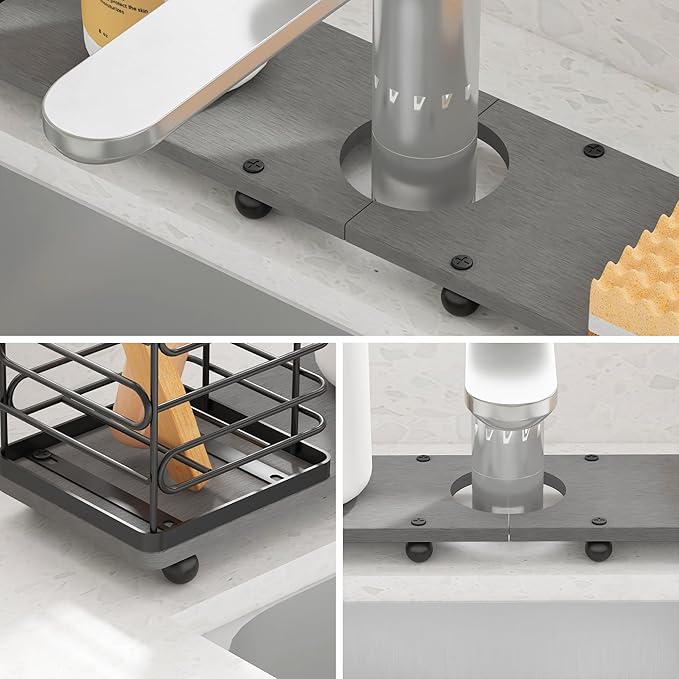 YIGII Faucet Mat for Kitchen Sink with Brush Holder, 23.6 Inch Absorbent Sink Splash Guard, Diatomite Stone Sink Mat for Bathroom Counter, Fast Drying Around Faucet