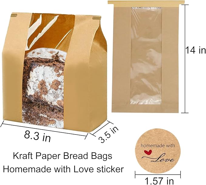 100 Pack Paper Bread Bags for Homemade Bread Sourdough Bread Bags Large Kraft Paper Bakery Bag with Window 14" x 8.3" x 3.5" with Tin Tie Tab Lock for Baked Food Packaging Storage, 100Pcs Love sticker