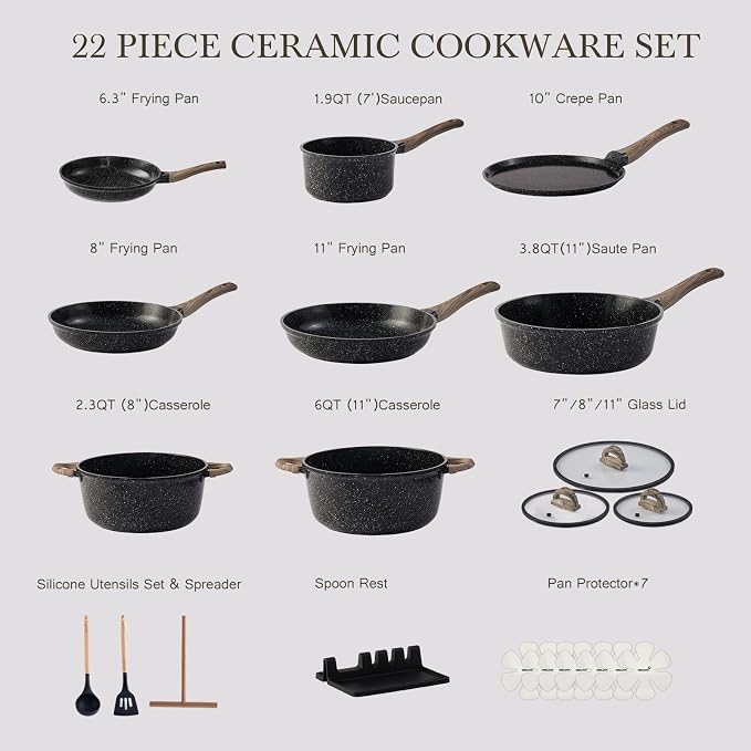 USELUCK Pots and Pans Set Non Stick Non-Toxic 22 Pcs Ceramic Cookware Sets Nonstick Kitchen Pot&Pan With Lid Jet Black Granite Induction Compatible with Glass Lids Crepe Frying Pan PFOA/PFOS-Free