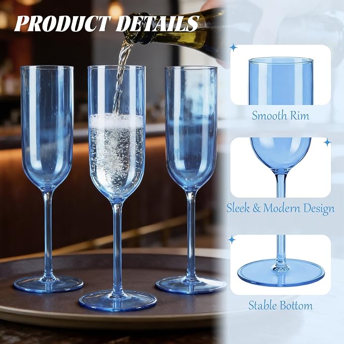 Plastic Champagne Flutes Set, 6oz Unbreakable Champagne Glasses Bulk, Shatterproof Reusable Mimosa Prosecco Sparkling Wine Cups for Wedding Party (Blue, 24pcs)