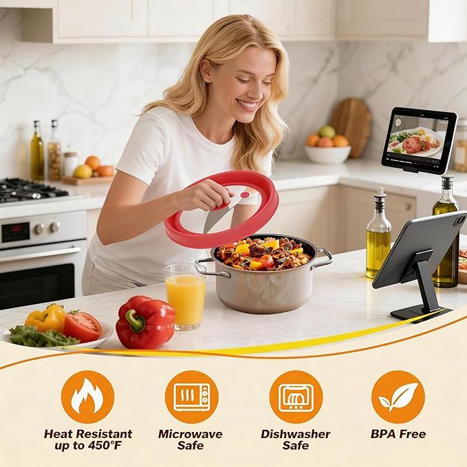 Microwave Splatter Cover - 9.8" Glass Lid with Collapsible Silicone Rim, Universal Pot & Plate Cover for Mess-Free Heating (Red, 9.8inch)
