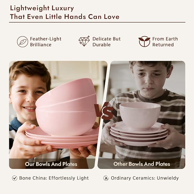 KINGSTONE 12-Piece Bone China Dinnerware Set for 4, Lightweight Porcelain Round Plates and Bowls Set, Durable Scratch Resistant Ceramic Dinner Set, Microwave & Dishwasher Safe, Sakura Pink