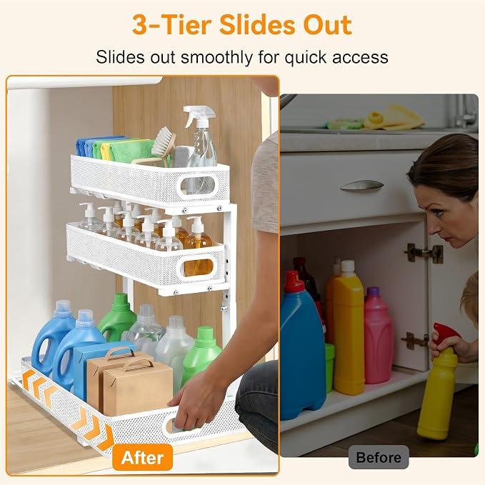 Under Sink Organizer for Bathroom, 3 Tier Adjustable Height Under Sink Storage, Sliding Pull Out Cabinet Organizer Shelf, Metal Multi-Purpose Cabinet Organizer for Kitchen (2 Pack, White)