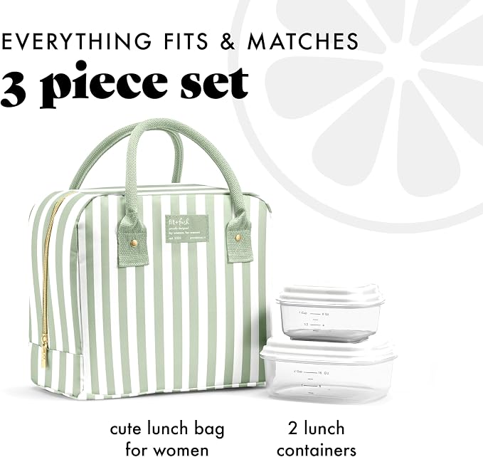 Fit & Fresh Bloomington Lunch Bag for Women - Insulated Large Lunch Box for Work with Containers, Leak-Resistant, Stain-Resistant, Zipper Closure, Thick Stripe Sage