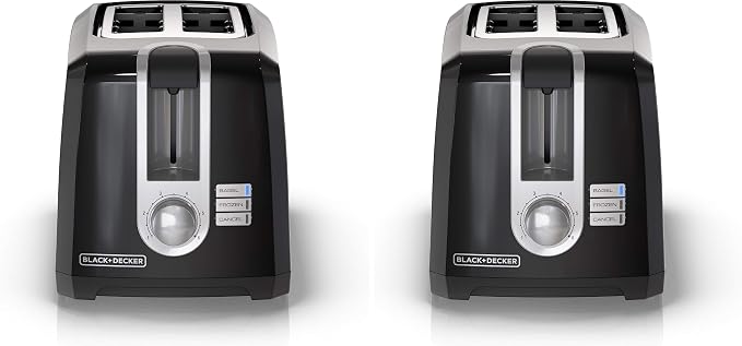 BLACK+DECKER 2-Slice Toaster, Extra Wide Slots for Bagels & Thick Bread, 6 Browning Settings, Removable Crumb Tray, Cancel Button, 850W, Black (Pack of 2)
