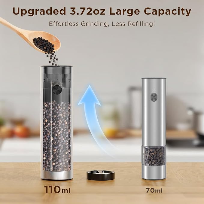 Newise Electric Salt and Pepper Grinder Set - Charging Base, Automatic Rechargeable Pepper Mill with Adjustable Coarseness, LED Lights, Large Capacity, Kitchen Appliance for Mom Wife