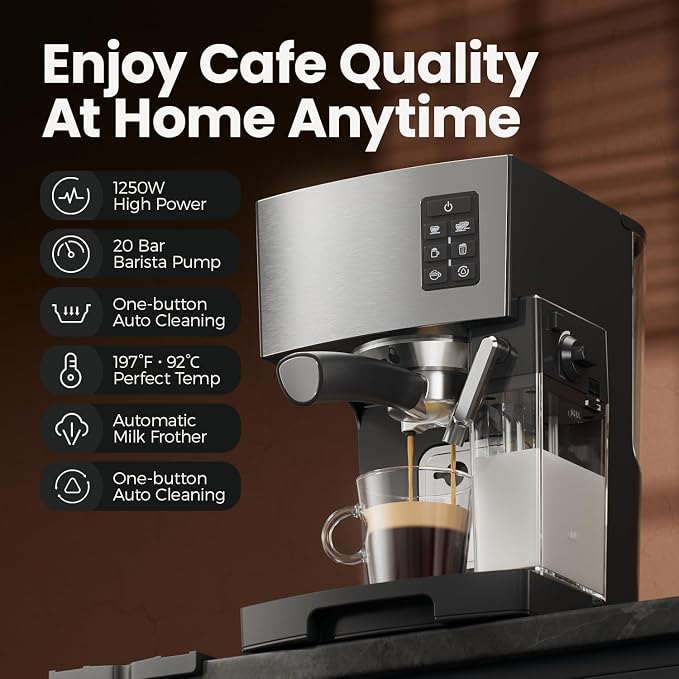 Cappuccino Coffee Machine - 20Bar Espresso Machine with Automatic Milk Frother, Espresso Maker in Stainless Steel Design,1250W Coffee Maker for Home, Office