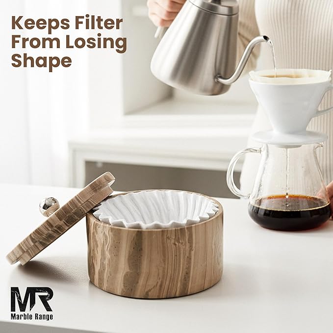 Marble Coffee Filter Holder – 6 inch Handmade Natural Brown Coffee Filter Holder with Lid, Storage Organizer for Kitchen Countertop & Bar Decor