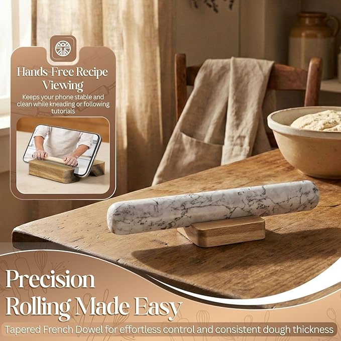 Flexzion French Rolling Pin, 12 Inch White Marble Rolling Pins for Baking with Wooden Base Holder Stand - Non-Stick Baking Roller for Baking Fondant, Crust, Pastry, Cookies, Pizza, Pasta